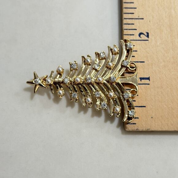 Vintage Christmas Brooch Tree Rhinestone Pearl pin gold tone MCM Holiday Star - Picture 6 of 6